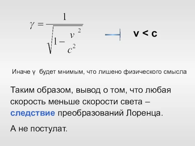 v Иначе γ будет мнимым, что лишено физического смысла Таким образом, вывод