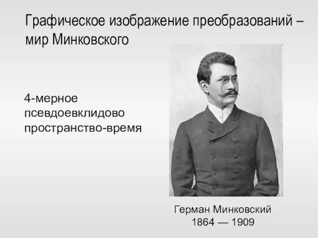 Графическое изображение преобразований – мир Минковского Герман Минковский 1864 — 1909 4-мерное псевдоевклидово пространство-время