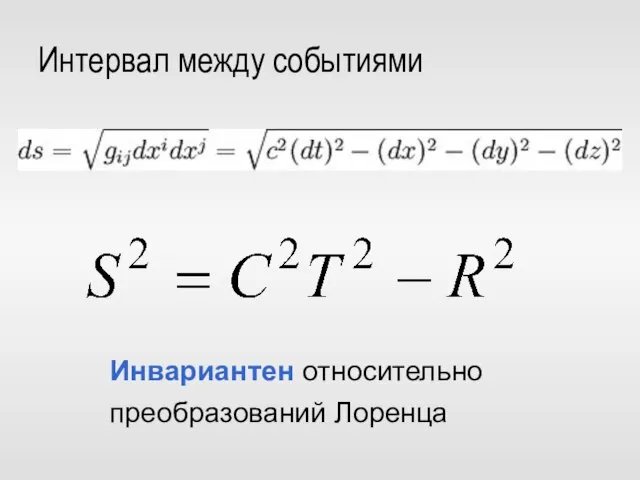 Интервал между событиями Инвариантен относительно преобразований Лоренца