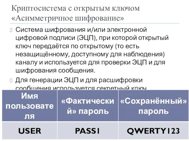 Криптосистема с открытым ключом «Асимметричное шифрование» Система шифрования и/или электронной цифровой подписи