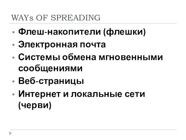 WAYs OF SPREADING Флеш-накопители (флешки) Электронная почта Системы обмена мгновенными сообщениями Веб-страницы