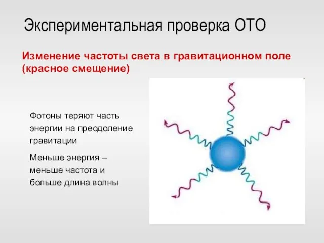 Экспериментальная проверка ОТО Изменение частоты света в гравитационном поле (красное смещение) Фотоны