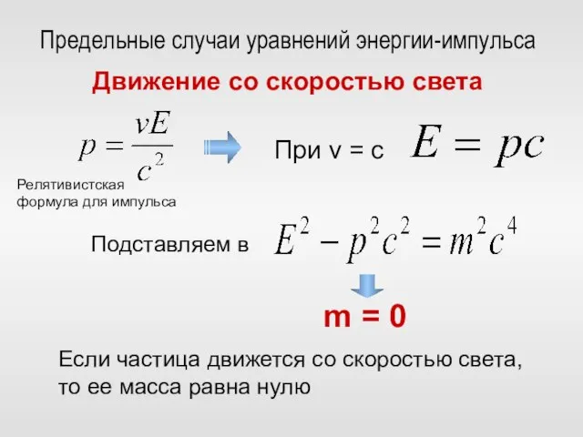 Предельные случаи уравнений энергии-импульса Движение со скоростью света При v = c