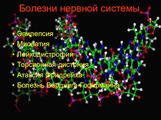 Болезни нервной системы Эпилепсия Миопатия Лейкодистрофии Торсионная дистония Атаксия Фридрейха Болезнь Верднига-Гоффманна