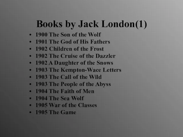 Books by Jack London(1) 1900 The Son of the Wolf 1901 The