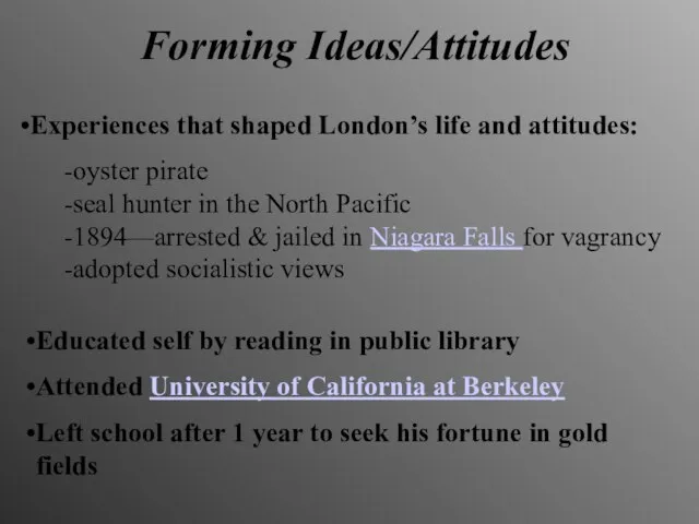 Forming Ideas/Attitudes Experiences that shaped London’s life and attitudes: -oyster pirate -seal