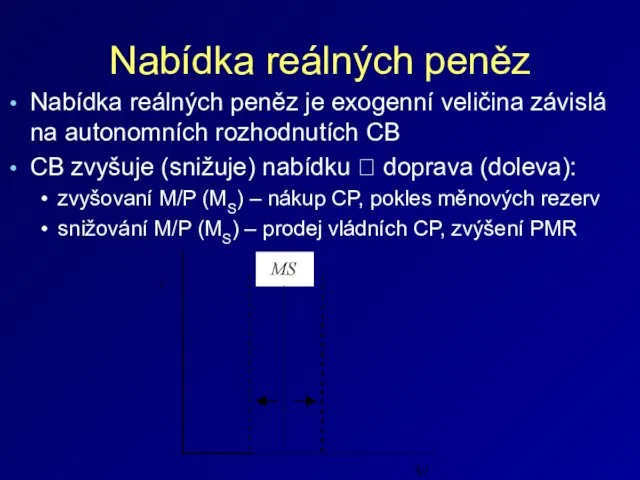 Nabídka reálných peněz Nabídka reálných peněz je exogenní veličina závislá na autonomních