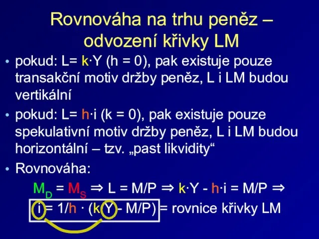 Rovnováha na trhu peněz – odvození křivky LM pokud: L= k∙Y (h