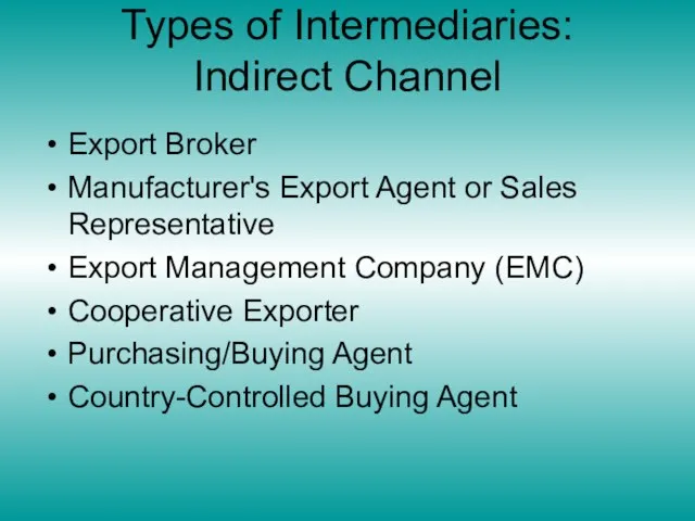 Types of Intermediaries: Indirect Channel Export Broker Manufacturer's Export Agent or Sales