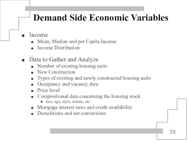 Demand Side Economic Variables Income Mean, Median and per Capita Income Income