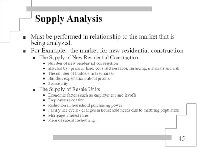 Supply Analysis Must be performed in relationship to the market that is