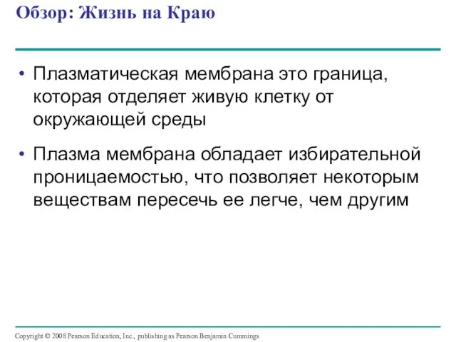 Обзор: Жизнь на Краю Плазматическая мембрана это граница, которая отделяет живую клетку