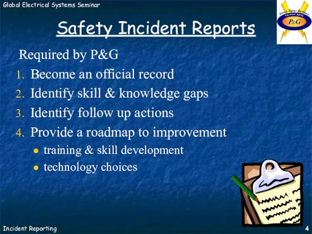 Safety Incident Reports Required by P&G Become an official record Identify skill