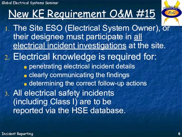 New KE Requirement O&M #15 The Site ESO (Electrical System Owner), or