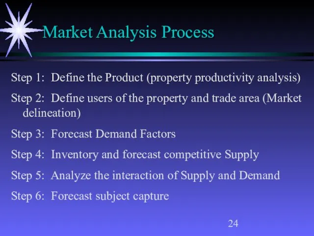 Market Analysis Process Step 1: Define the Product (property productivity analysis) Step