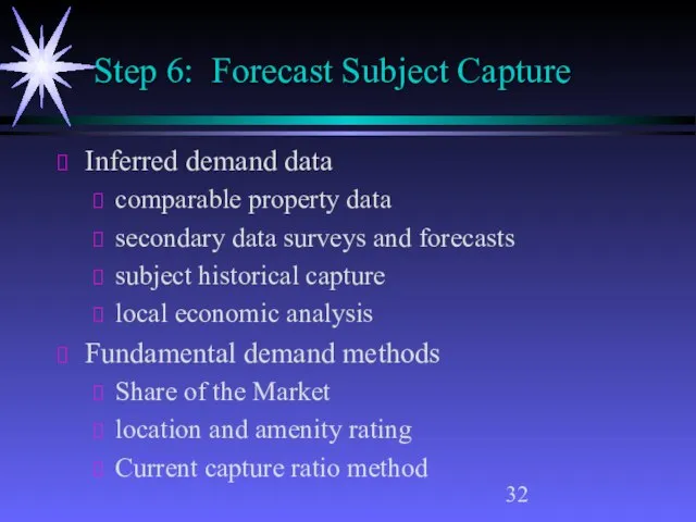 Step 6: Forecast Subject Capture Inferred demand data comparable property data secondary