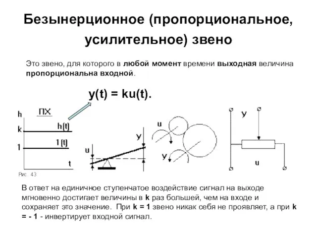 Безынерционное (пропорциональное, усилительное) звено Это звено, для которого в любой момент времени