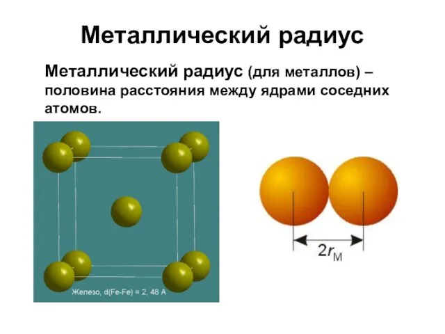 Металлический радиус Металлический радиус (для металлов) – половина расстояния между ядрами соседних атомов.