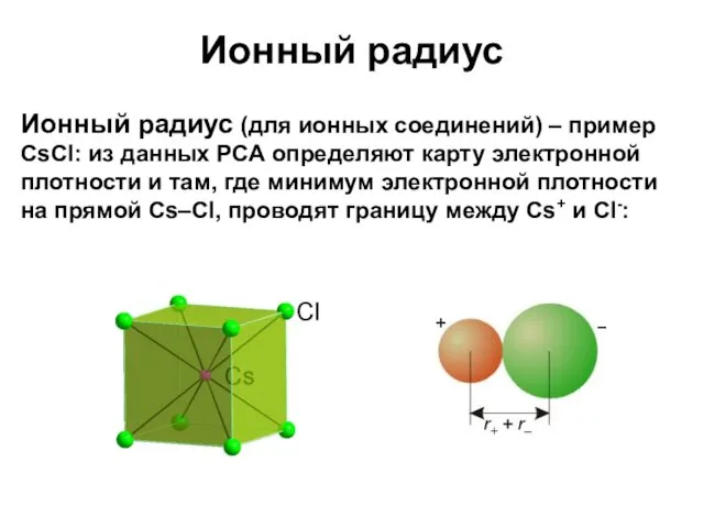 Ионный радиус Ионный радиус (для ионных соединений) – пример CsCl: из данных