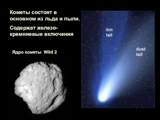 Кометы состоят в основном из льда и пыли. Содержат железо-кремниевые включения Ядро кометы Wild 2