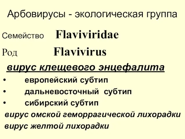 Арбовирусы - экологическая группа Семейство Flaviviridae Род Flavivirus вирус клещевого энцефалита европейский