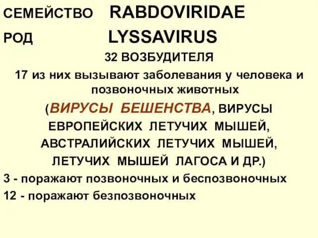 СЕМЕЙСТВО RABDOVIRIDAE РОД LYSSAVIRUS 32 ВОЗБУДИТЕЛЯ 17 из них вызывают заболевания у