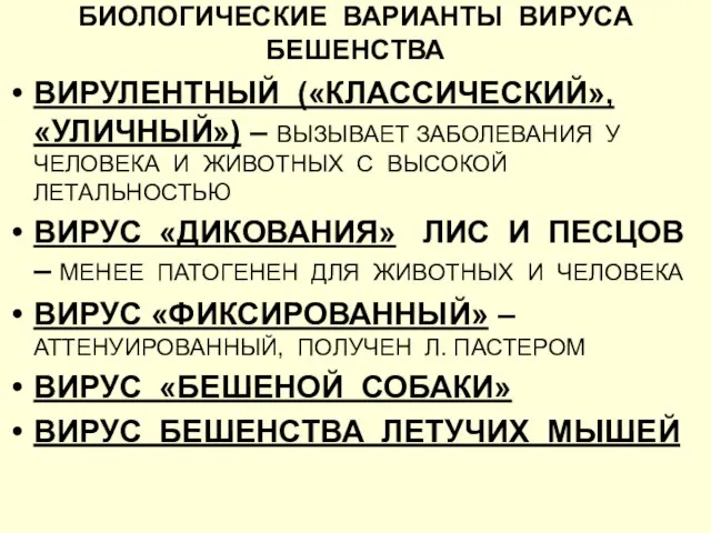 БИОЛОГИЧЕСКИЕ ВАРИАНТЫ ВИРУСА БЕШЕНСТВА ВИРУЛЕНТНЫЙ («КЛАССИЧЕСКИЙ», «УЛИЧНЫЙ») – ВЫЗЫВАЕТ ЗАБОЛЕВАНИЯ У ЧЕЛОВЕКА