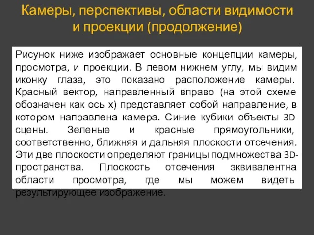 Камеры, перспективы, области видимости и проекции (продолжение) Рисунок ниже изображает основные концепции