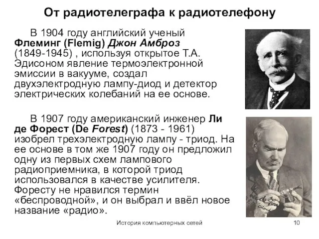 История компьютерных сетей От радиотелеграфа к радиотелефону В 1904 году английский ученый