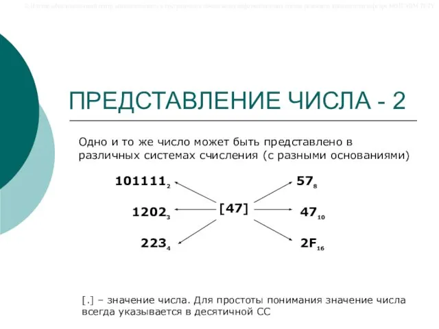 ПРЕДСТАВЛЕНИЕ ЧИСЛА - 2 Одно и то же число может быть представлено