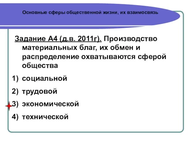 Основные сферы общественной жизни, их взаимосвязь Задание А4 (д.в. 2011г). Производство материальных