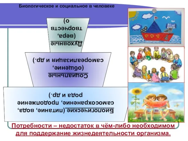 Биологическое и социальное в человеке Потребности – недостаток в чём-либо необходимом для поддержание жизнедеятельности организма.
