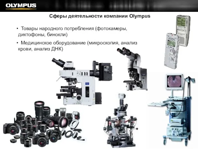 Сферы деятельности компании Olympus Товары народного потребления (фотокамеры, диктофоны, бинокли) Медицинское оборудование