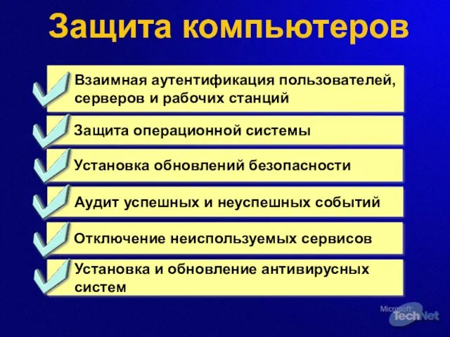 Защита компьютеров Взаимная аутентификация пользователей, серверов и рабочих станций Защита операционной системы