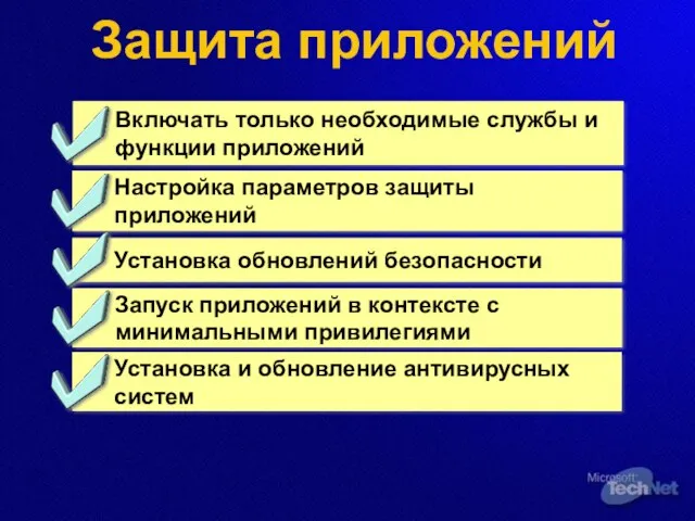 Защита приложений Включать только необходимые службы и функции приложений Настройка параметров защиты