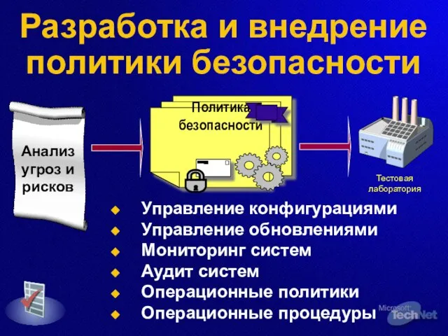 Разработка и внедрение политики безопасности Управление конфигурациями Управление обновлениями Мониторинг систем Аудит