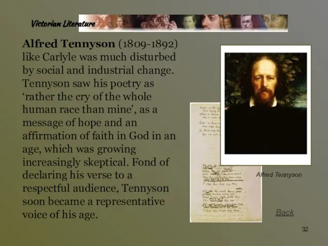 Victorian Literature Alfred Tennyson (1809-1892) like Carlyle was much disturbed by social