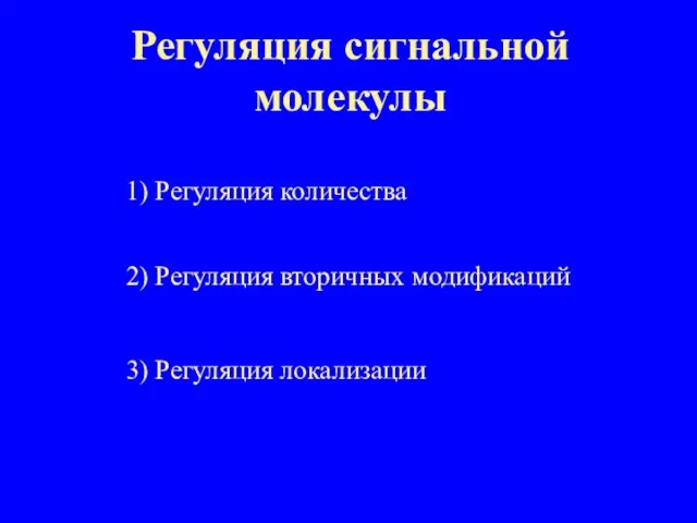 Регуляция сигнальной молекулы 1) Регуляция количества 2) Регуляция вторичных модификаций 3) Регуляция локализации