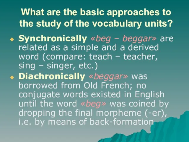 What are the basic approaches to the study of the vocabulary units?