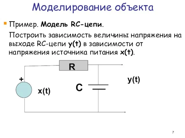 Моделирование объекта Пример. Модель RC-цепи. Построить зависимость величины напряжения на выходе RC-цепи
