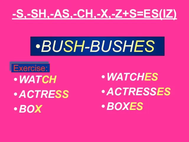 -S,-SH,-AS,-CH,-X,-Z+S=ES(IZ) WATCH ACTRESS BOX WATCHES ACTRESSES BOXES BUSH-BUSHES Exercise: