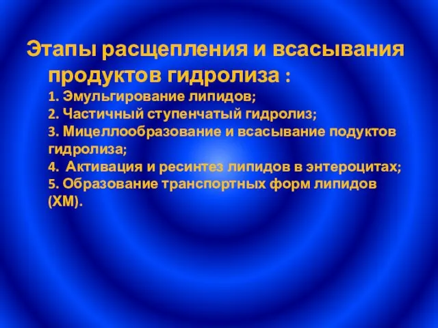 Этапы расщепления и всасывания продуктов гидролиза : 1. Эмульгирование липидов; 2. Частичный