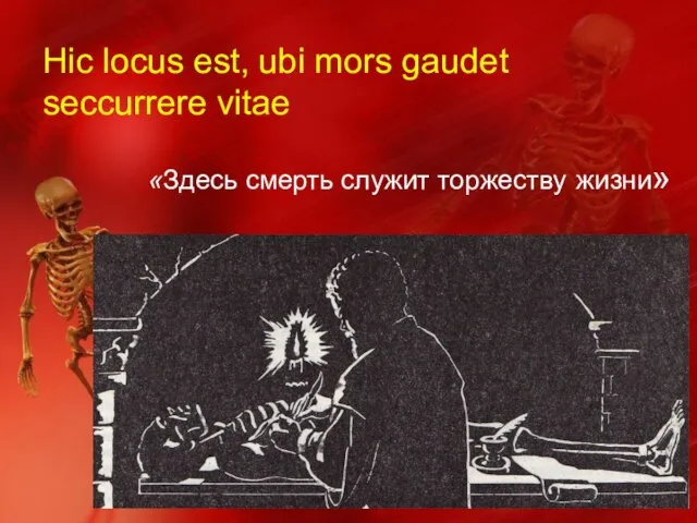 Hic locus est, ubi mors gaudet seccurrere vitae «Здесь смерть служит торжеству жизни»