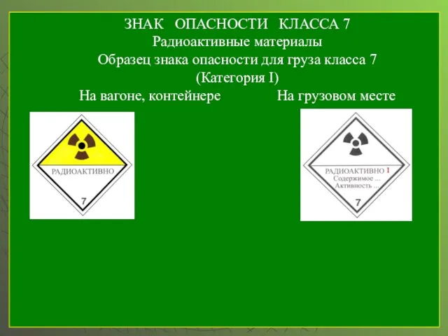ЗНАК ОПАСНОСТИ КЛАССА 7 Радиоактивные материалы Образец знака опасности для груза класса