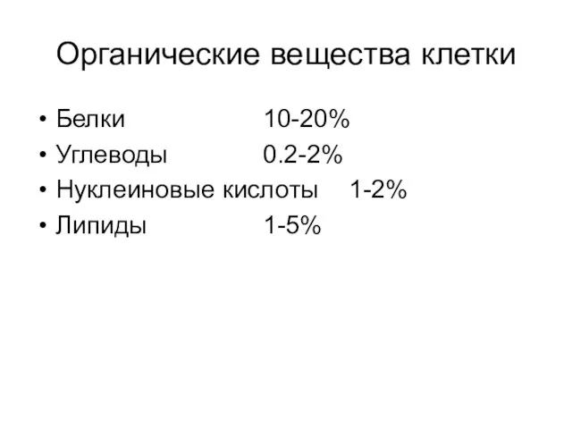 Органические вещества клетки Белки 10-20% Углеводы 0.2-2% Нуклеиновые кислоты 1-2% Липиды 1-5%