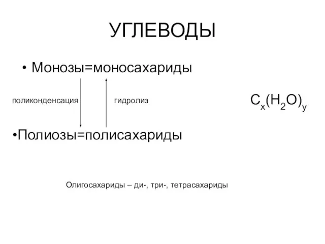 УГЛЕВОДЫ Монозы=моносахариды Cx(H2O)y Полиозы=полисахариды гидролиз поликонденсация Олигосахариды – ди-, три-, тетрасахариды