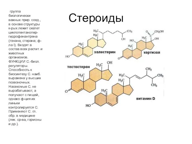 Стероиды группа биологически важных прир. соед., в основе структуры к-рых лежит скелет