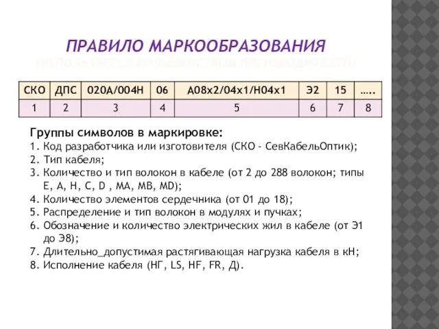 ПРАВИЛО МАРКООБРАЗОВАНИЯ (ИСПОЛЬЗУЕТСЯ БОЛЬШИНСТВОМ ПРОИЗВОДИТЕЛЕЙ) Группы символов в маркировке: 1. Код разработчика