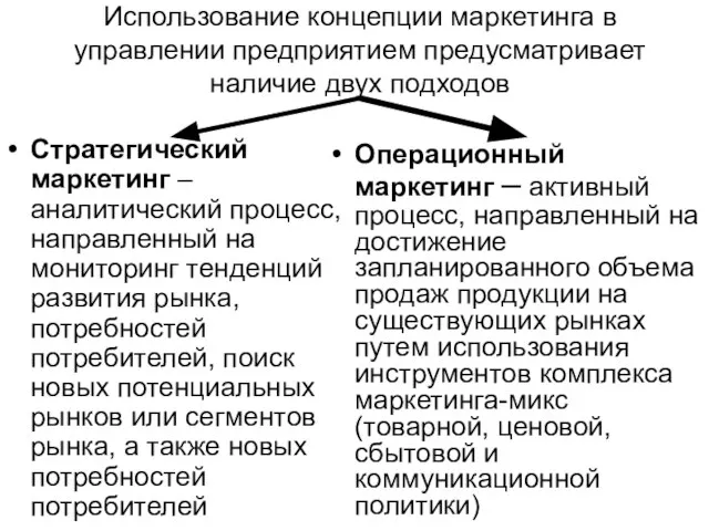 Использование концепции маркетинга в управлении предприятием предусматривает наличие двух подходов Стратегический маркетинг