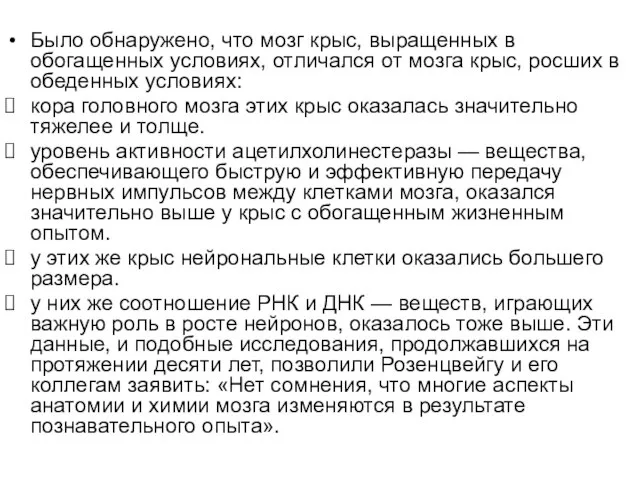 Было обнаружено, что мозг крыс, выращенных в обогащенных условиях, отличался от мозга